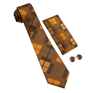 Peru Brown Plaid Silk Men's Necktie Pocket Square Cufflinks Set