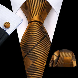 Peru Brown Plaid Silk Men's Necktie Pocket Square Cufflinks Set