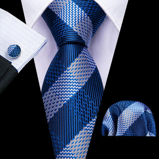 Striped Blue Grey Silk Necktie Pocket Square Cufflinks Set