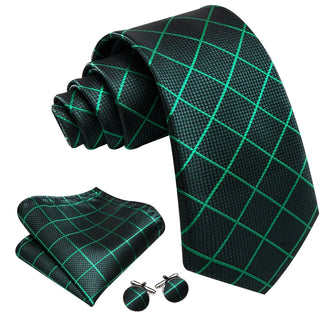 New Green Plaid Silk Men's Necktie Pocket Square Cufflinks Set