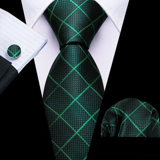 New Green Plaid Silk Men's Necktie Pocket Square Cufflinks Set