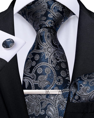 New Blue Floral Silk Necktie Pocket Square Cufflinks Set