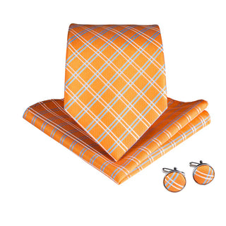 New Orange Plaid Silk Necktie Pocket Square Cufflinks Set