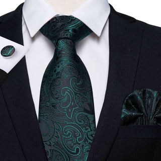 Black Green Floral Silk Necktie Pocket Square Cufflinks Set