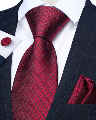 New Red Plaid Silk Necktie Pocket Square Cufflinks Set