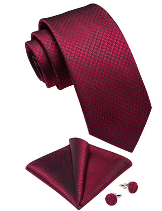 New Red Plaid Silk Necktie Pocket Square Cufflinks Set