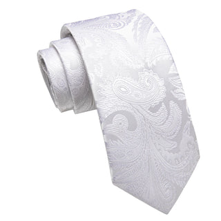 White Floral Novelty Silk Necktie Pocket Square Cufflinks Set