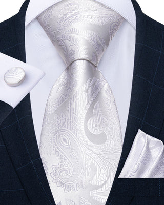 White Floral Novelty Silk Necktie Pocket Square Cufflinks Set