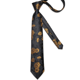 New Black Golden Floral Silk Necktie Pocket Square Cufflinks Set