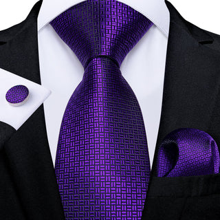 New Solid Purple Silk Necktie Pocket Square Cufflinks Set