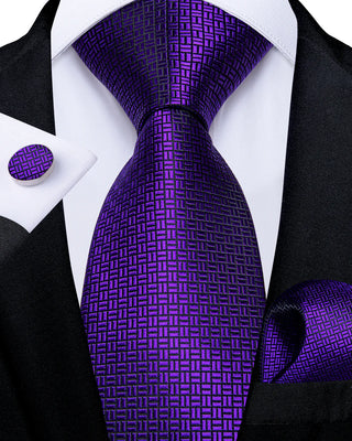 New Solid Purple Silk Necktie Pocket Square Cufflinks Set