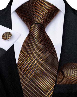 Brown Striped Silk Necktie Pocket Square Cufflinks Set