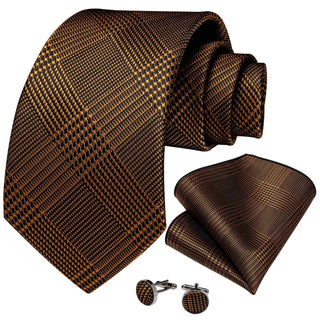 Brown Striped Silk Necktie Pocket Square Cufflinks Set