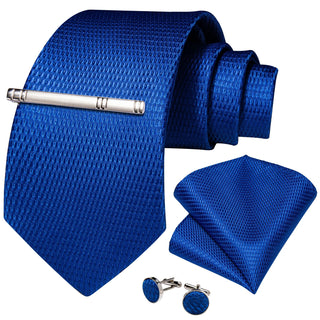 New Solid Blue Silk Necktie Pocket Square Cufflinks Set