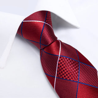 Red Striped Plaid Silk Necktie Pocket Square Cufflinks Set