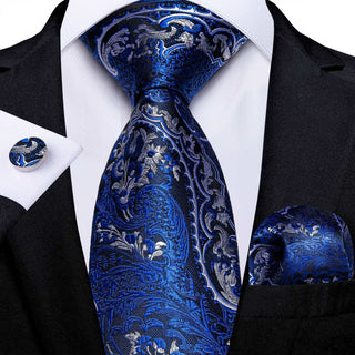 Blue Silver Paisley Silk Necktie Pocket Square Cufflinks Set