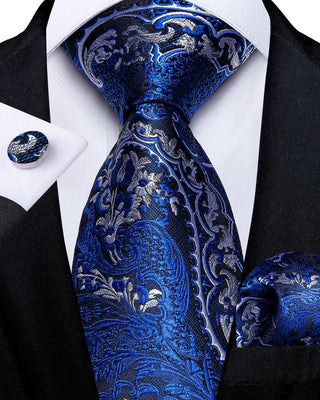 Blue Silver Paisley Silk Necktie Pocket Square Cufflinks Set