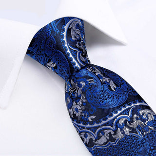 Blue Silver Paisley Silk Necktie Pocket Square Cufflinks Set