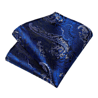 Blue Silver Paisley Silk Necktie Pocket Square Cufflinks Set