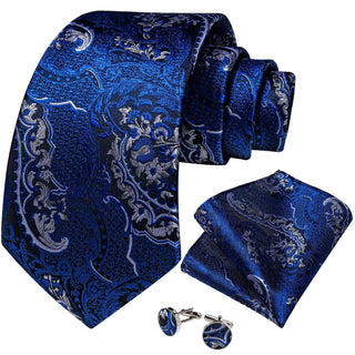 Blue Silver Paisley Silk Necktie Pocket Square Cufflinks Set