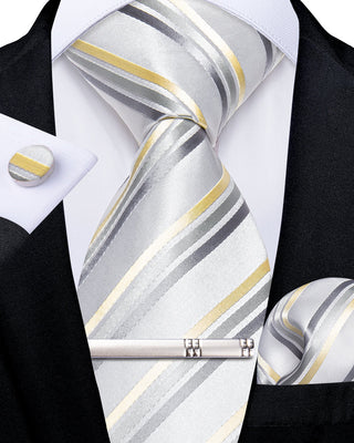 White Yellow Grey Striped Silk Necktie Pocket Square Cufflinks Set