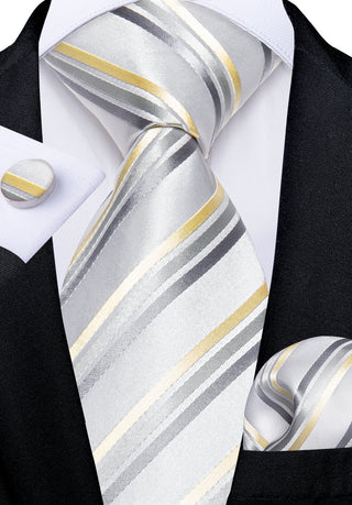 White Yellow Grey Striped Silk Necktie Pocket Square Cufflinks Set