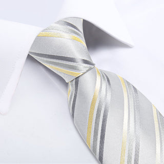 White Yellow Grey Striped Silk Necktie Pocket Square Cufflinks Set
