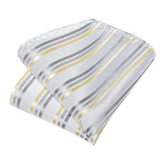 White Yellow Grey Striped Silk Necktie Pocket Square Cufflinks Set