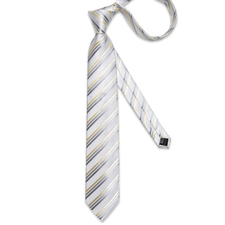 White Yellow Grey Striped Silk Necktie Pocket Square Cufflinks Set