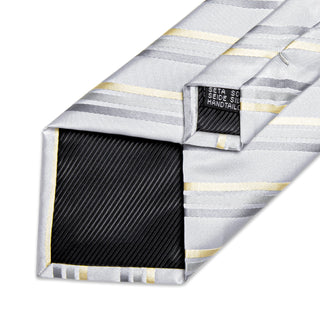 White Yellow Grey Striped Silk Necktie Pocket Square Cufflinks Set