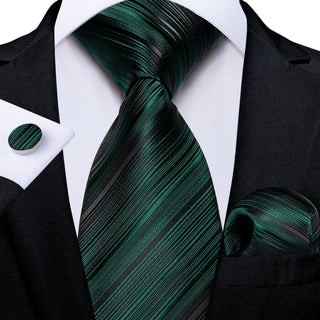 Luxury Green Stripe Silk Necktie Pocket Square Cufflinks Set