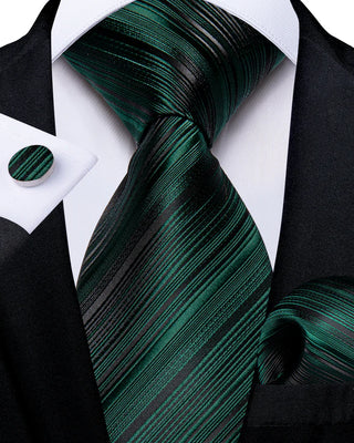 Luxury Green Stripe Silk Necktie Pocket Square Cufflinks Set