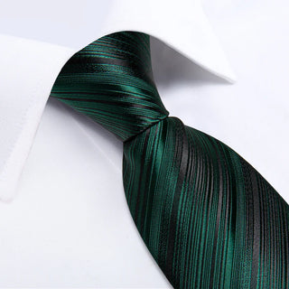 Luxury Green Stripe Silk Necktie Pocket Square Cufflinks Set