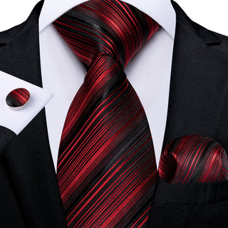 Luxury Black Red Stripe Silk Necktie Pocket Square Cufflinks Set