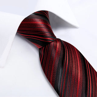 Luxury Black Red Stripe Silk Necktie Pocket Square Cufflinks Set