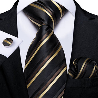 Classy Black Gold Striped Silk Necktie Pocket Square Cufflinks Set