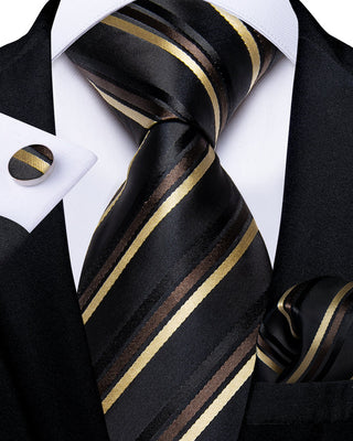 Classy Black Gold Striped Silk Necktie Pocket Square Cufflinks Set