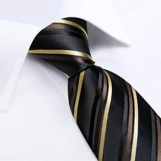 Classy Black Gold Striped Silk Necktie Pocket Square Cufflinks Set