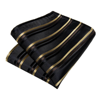 Classy Black Gold Striped Silk Necktie Pocket Square Cufflinks Set