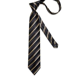 Classy Black Gold Striped Silk Necktie Pocket Square Cufflinks Set