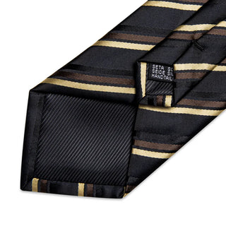 Classy Black Gold Striped Silk Necktie Pocket Square Cufflinks Set