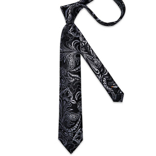 Classy Black Silver Floral Silk Necktie Pocket Square Cufflinks Set