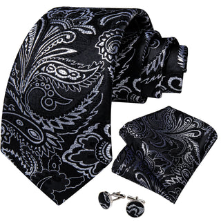 Classy Black Silver Floral Silk Necktie Pocket Square Cufflinks Set