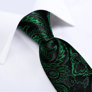Classy Black Green Floral Silk Men's Necktie Pocket Square Cufflinks Set