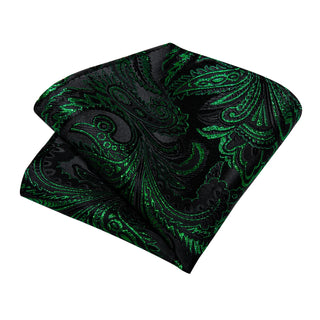 Classy Black Green Floral Silk Men's Necktie Pocket Square Cufflinks Set