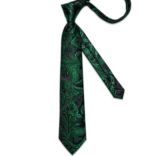 Classy Black Green Floral Silk Men's Necktie Pocket Square Cufflinks Set