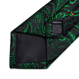 Classy Black Green Floral Silk Men's Necktie Pocket Square Cufflinks Set