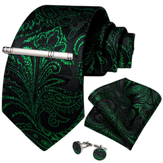 Classy Black Green Floral Silk Men's Necktie Pocket Square Cufflinks Set