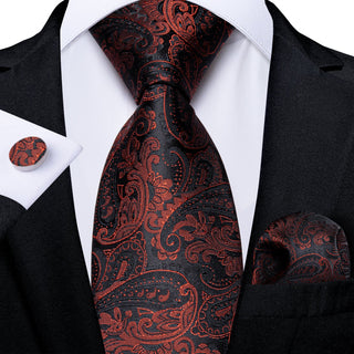 Classy Black Red Floral Silk Necktie Pocket Square Cufflinks Set