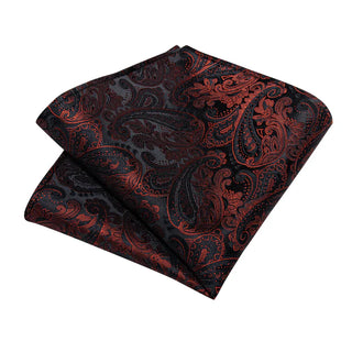 Classy Black Red Floral Silk Necktie Pocket Square Cufflinks Set